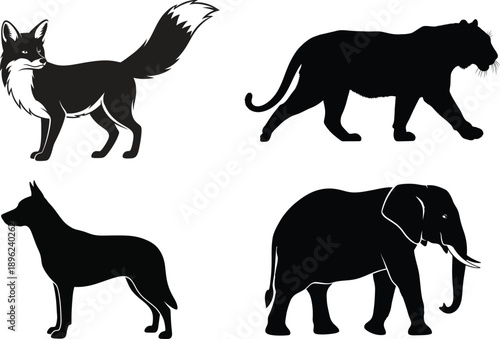 Silhouettes of four animals including a fox cat dog and elephant isolated on transparent background