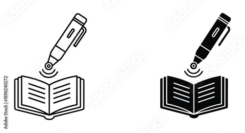 Pen hovering over open book, black and white illustration, simple design