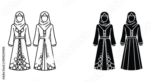 Traditional Arabic Women's Clothing Illustration Set with Hijab and Abaya