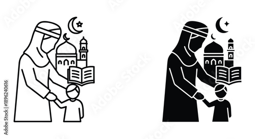 Mother and Child Reading Quran Together during Ramadan with Mosque Background