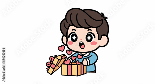Surprised Cartoon Boy with Gifts and Hearts.