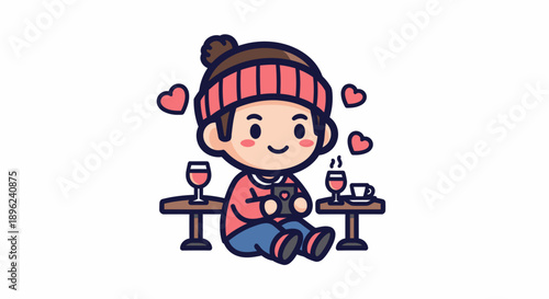 Cartoon Girl Relaxing with Coffee and Wine.