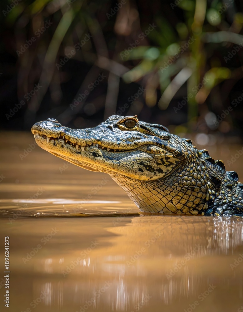 Fototapeta premium Australian saltwater crocodile emerges from murky water with head and shoulders visible showing its scaly skin and sharp teeth