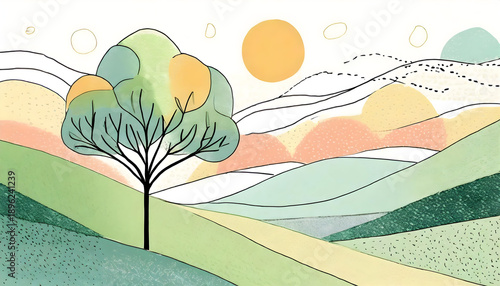 Abstract tree and field landscape on watercolor illustration painting background	