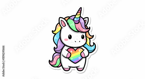 Cartoon Unicorn with Rainbow Heart and Mane.