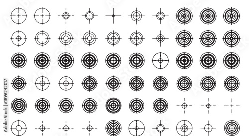 Vector geometric targets, bullseye icons, aiming symbols, and crosshair graphics for design, overlay, or texture, Isolated on transparent background, png