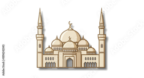 Cut-out wooden model of a Middle Eastern mosque with domes and minarets against a plain white background.