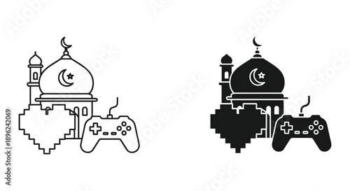 Retro video game controller with pixel art steam locomotive and mosque in gaming concept illustration
