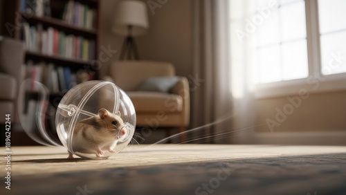 A small hamster runs inside a clear plastic ball on a carpeted floor, bathed in sunlight.