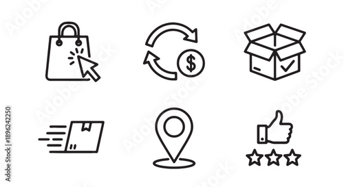 E-commerce icons set, including shopping bag, exchange, box, delivery, location, thumbs up, stars, for website, app, UI, or marketing