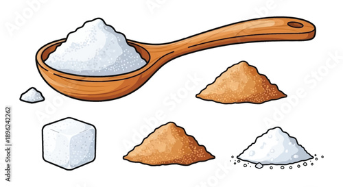 Various forms of salt crystals flakes and powder in a spoon