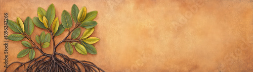 Mangrove tree with green leaves and exposed roots on textured brown background, minimal style flat lay close up top down view, natural ecosystem concept with warm tones