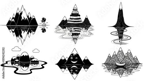 Mountain range reflection icons on water for landscape design elements and minimalist peaks silhouettes for outdoor adventure and travel illustrations