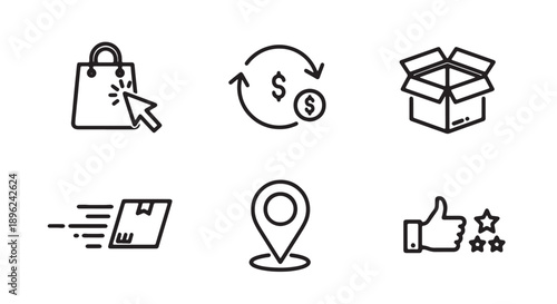 E-commerce icons set, including shopping bag, money cycle, delivery box, speeding parcel, map pin, thumbs up with stars, for website, app, or UI design. Isolated on transparent background, png