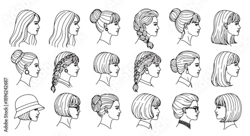 20 different hairstyles for women, vector illustrations of female heads in profile, hair designs and styles, for branding or marketing materials, isolated on transparent background, png