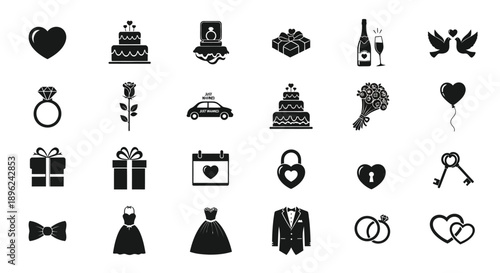 Wedding planning icons set with hearts gifts rings and cakes on white background for marriage and love concepts