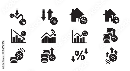 Financial icons set with growth and percentage symbols, vector illustration for business or marketing material, isolated on transparent background, png