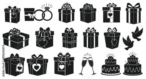 Black and white wedding icons with gift boxes rings champagne cake and doves on a white background for celebration and celebration design