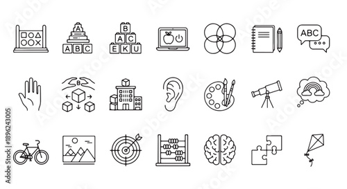 line style business icons set, including communication, technology, and data analysis symbols, for website or app UI, isolated on transparent background, png