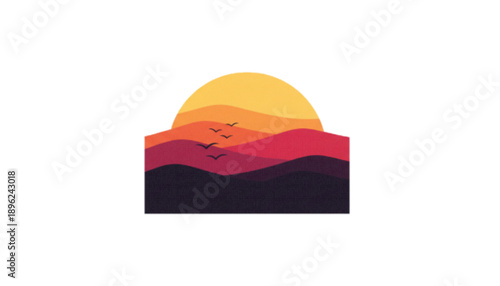 Minimalist Sunset Landscape With Birds Over Colorful Hills