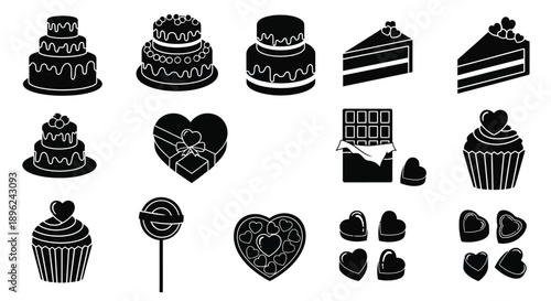Collection of black and white sweet treats and heart shapes for valentine's day or wedding including cakes cupcakes chocolates and candies on a white background