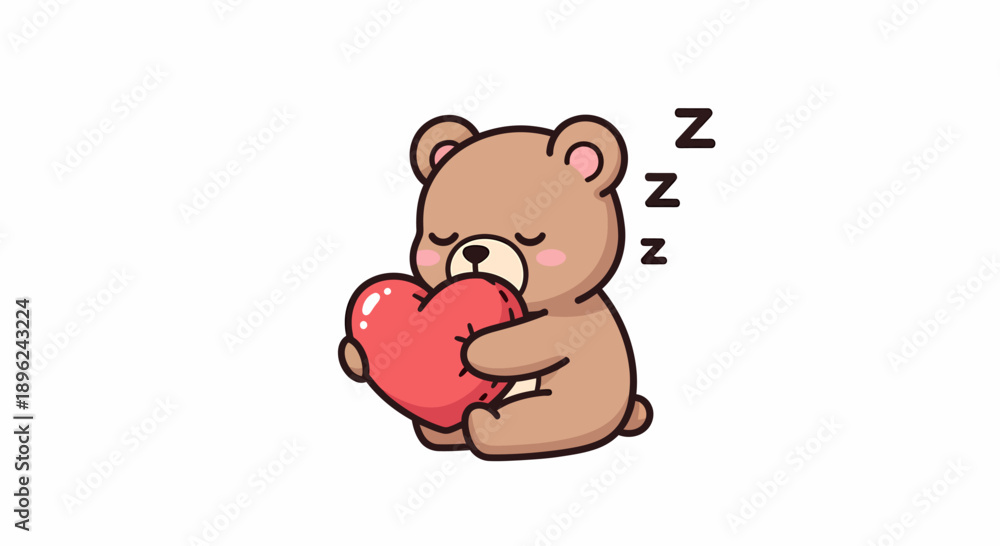 Naklejka premium Cartoon Bear Hugging Red Heart Sleeping.