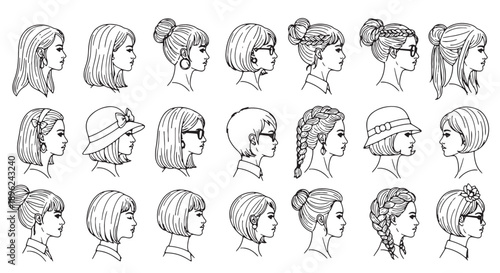20 Different Female Head Silhouettes with Various Hairstyles and Hats, Vector Illustration for Design or Mockup, Isolated on Transparent Background, PNG