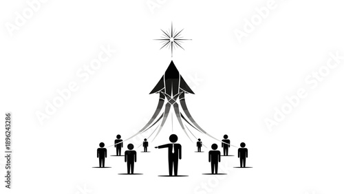 Black and white illustration of a man addressing a group of people standing around a rocket ship with a star on a plain white background.