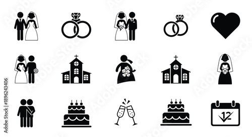 Wedding icons set including couples rings church cake heart and calendar on white background for marriage and love concepts