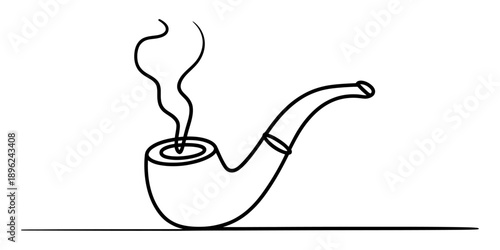 A black and white continuous line art illustration of a smoking pipe with wisps of smoke