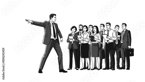 Black and white illustration of a businessman leading a group of diverse office workers standing behind him on a plain background.