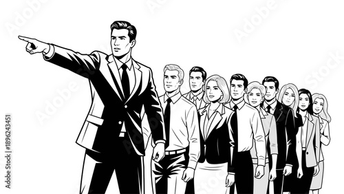 A confident business leader in a suit points forward with a line of diverse colleagues following him in a black and white illustration with a professional and directional mood against a