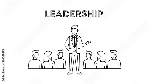 Illustration of a business man leading a group of people in a simple line drawing style on a clean white background.