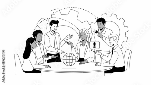 Line drawing of a diverse business team collaborating around a table with a globe and laptop in a minimalist setting.