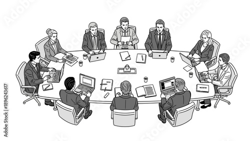 Illustration of a business team meeting around a large table with laptops and papers in a monochromatic style against a plain white background.