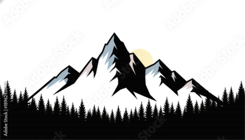 Mountain Peaks and Pine Forest Silhouette with Rising Sun