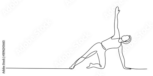 Minimalist single line art drawing of a person stretching during a yoga or fitness routine