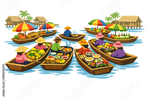 A lively river market bustling with colorful boats lined up, perfect for travel and cultural exploration