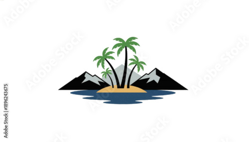 Tropical Island Mountain Landscape with Palm Trees