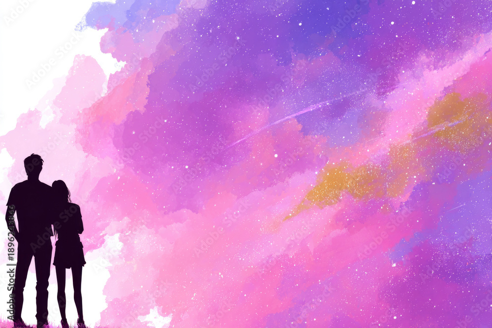 Fototapeta premium Silhouettes of a couple in love against the background of an abstract cosmic sky. Space for text.