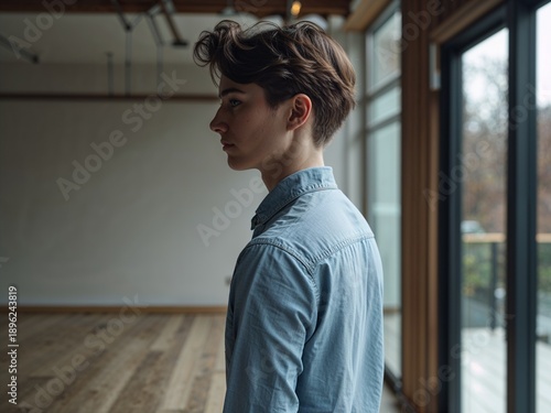 Full body photograph person facing sideways modern aesthetic