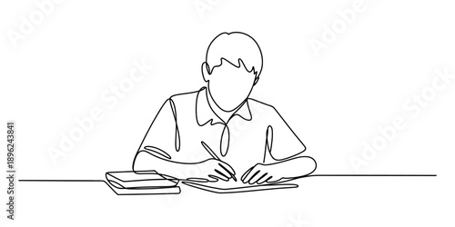 A continuous line art illustration showing a young student writing at a desk with books