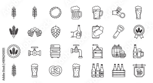 Vector beer brewery icons, including hops, beer glasses, bottles, and tap, for logo, branding, or infographic