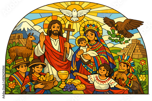 An enchanting fresco blends Christian motifs with local cultural aspects, depicted through traditional clothing and symbols, while vivid lighting accentuates its captivating details