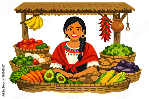 A portrait of a local market vendor woman wearing traditional attire, surrounded by fresh vegetables inside a rural stall, ideal for cultural storytelling, food themes, and Latin American visuals