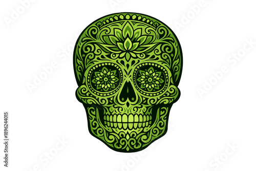 A detailed green skull ornament with intricate carvings, ideal for artistic and cultural photography themes