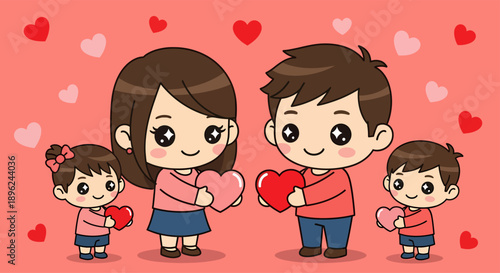 Cartoon Family with Children Holding Hearts Together.