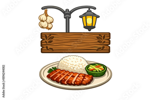 Famous Cambodian Bai Sach Chrouk served with rice and pickles, accompanied by an engraved Krabau wood sign and garlic motifs under an urban streetlight