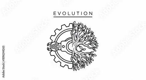 Concept of Evolution: Mechanical Gear Merging with Organic Tree of Life, Symbolizing Progress and Nature