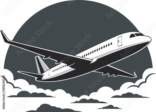 Commercial Airplane Taking Off Into the Sky Above Clouds with Large Sun Background Vector Illustration for Travel and Aviation Designs,